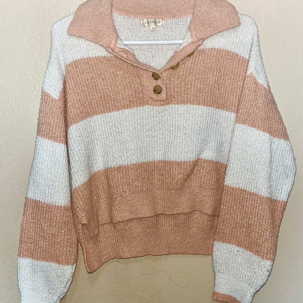 Ultra Flirt Pink and White Striped Collared Sweater
